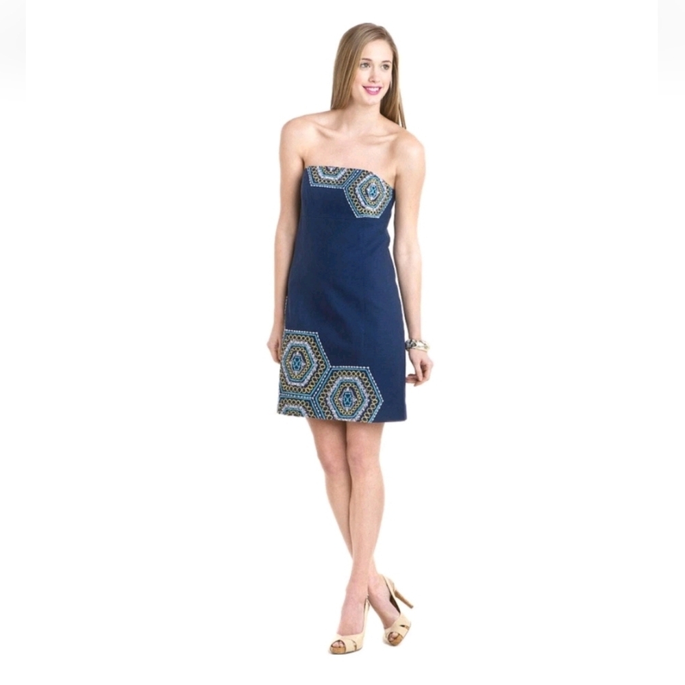 New Lilly Pulitzer‎ Navy Strapless Dress with Geometric Design